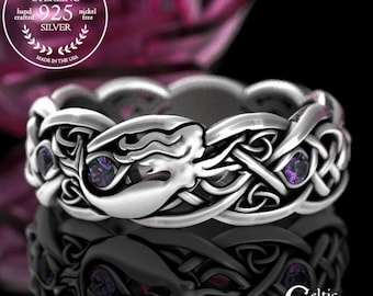 Alexandrite Mermaid Ring, Sterling Celtic Mermaid Wedding Band, Silver Womens Irish Mermaid Ring, Siren Ring, Ocean Wedding Ring, 3058