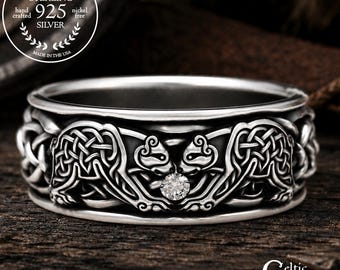 Twin Bears Celtic Wedding Ring in Sterling Silver, Celtic Bear Ring, Bear Wedding Band, Moissanite Mens Ring, Black Bear Ring, 1691