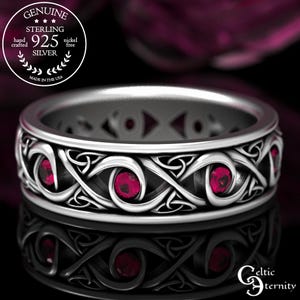 Unendlich Rubin Ehering, keltischer Rubin Ehering, Unendlichkeit Knoten Silber Ring, keltische Herrenring, Herrenring keltischer Knoten, 1410