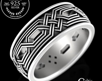 Mens Viking Ring, Sterling Celtic Wedding Band, Mens Irish Braided Ring, Celtic Knotwork Wedding Ring, Silver Geometric Design Ring, 4326