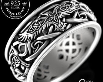 Sterling Raven & Wolves Wedding Ring, Mens Wolf Wedding Ring, Norse Raven Ring, Viking Raven Ring, Norse Mens Wedding Ring, 4699