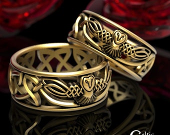 Matching His + Hers Wedding Ring Set, Gold Owl Ring, Celtic Wedding Bands, Gold Celtic Rings, Platinum Wedding Ring, Owl Wedding Rings, 1016