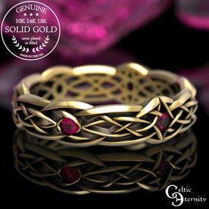 18K Ruby Women's Delicate Irish Wedding Band, Gold Pagan Ruby Ring, Bridal Platinum Celtic Anniversary Ring, 14K Gold Welsh Ruby Ring, 1416