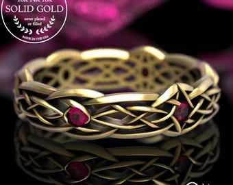 Gold Celtic Knot Handfasting Ring with Ruby, Irish Infinity Knot Ring, 10K 14K 18K Gold Platinum Elegant Wedding Ring, Eternity Band, 1416