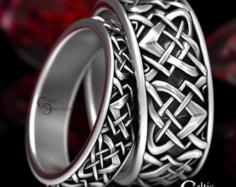 Sterling Silver Sacred Heart Knot Set, Silver Anam Cara Rings, Irish Lovers Heart Wedding Rings, Silver Knotwork Handfasting, 1458 1456