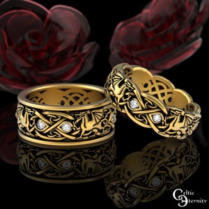 Gold His Hers Dragon Rings, Moissanite Viking Wedding Rings, 10K Norse Wedding Bands, Welsh Dragon Wedding Set, 14K Dragon Rings, 3016 3109