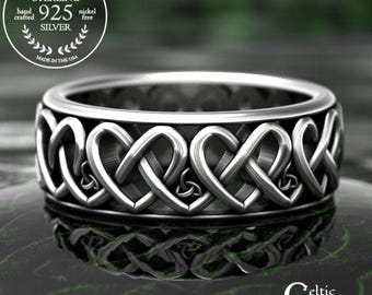 Groom Woven Heart Wedding Band, Sterling Mans Celtic Love Knot Ring, Silver Eternal Love Irish Trinity Knotwork, Interwoven Hearts Ring 2000