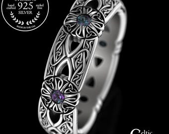 Alexandrite Cross Wedding Band in Sterling, Womans Celtic Cross Ring, Silver Christian Promise Ring, Irish Trinity Cross Marriage Ring, 3268