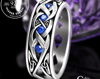 Sapphire Eternal Love Ring For Man, Sterling Irish Groom's Interwoven Ring, Silver Men's Celtic Wedding Band, Handmade Irish Jewelry, 2139