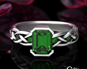 Celtic Emerald-Cut Engagement Ring, Sterling Silver Womens Engagement Ring, Celtic Emerald Rectangle Ring, Emerald Engagement Ring, 1849