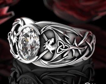 Sterling Silver & Moissanite Dragon Ring, Celtic Gemstone Draconid Ring, Heavy Irish Drake Ring, Mens Nordic Wyrm Wedding Ring,  3116