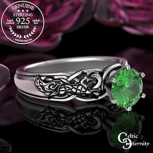 Foxy Lady Emerald Wedding Ring, Sterling Mated Foxes Ring, Silver Vixen Solitaire Ring, Celtic Marriage Vow Ring, Amethyst Fox Proposal,3248