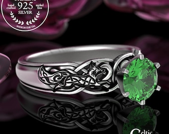 Foxy Lady Emerald Wedding Ring, Sterling Mated Foxes Ring, Silver Vixen Solitaire Ring, Celtic Marriage Vow Ring, Amethyst Fox Proposal,3248