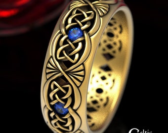 Sapphire & Gold Wedding Band, Gold Celtic Wedding Band, Mens Gold Wedding Ring, Gold or Platinum Mens Ring, Mens Celtic Wedding Band, 1579