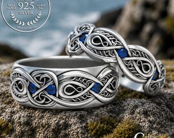 Sterling Silver & Sapphire Trinity Ring Set, Irish Gemstone Knotwork Rings, Elegant Celtic Wedding Rings, Handfasting Band Set, 1411 1642