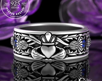 Sapphire Claddagh Ring for Irish Groom, Sterling Men's Thistle Wedding Band, Thistle Crest Scottish Heritage Ring, Crown Marriage Vow, 3282
