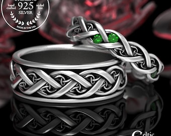 Emerald & Sterling Silver Modern Celtic Wedding Band Set, Matching Woven Pagan Handfasting Rings, Irish Infinity Braid Rings, 1418 + 1419