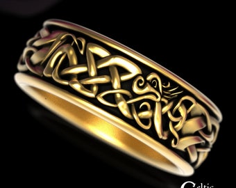 Gold Dragon Wedding Ring, Mens Celtic Dragon Ring, 10K Norse Wedding Ring, Viking Wedding Ring, Norse Dragon Ring, Gold Dragon Ring, 1925