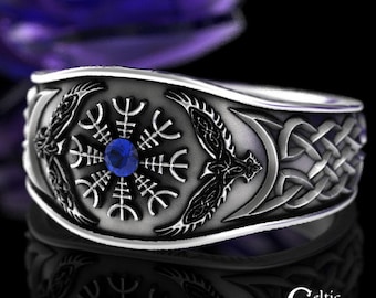 Sterling Helm of Awe Ring, Sapphire Viking Ring, Mens Sapphire Ring, Viking Ring, Raven Ring, Viking Wedding Band, Sapphire Raven, 3019