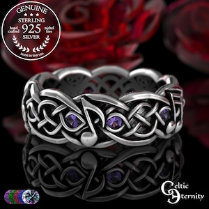 Music Notes Ring, Amethyst Celtic Wedding Ring, Sterling Silver Wedding Ring, Musical Wedding Ring, Music Jewelry, Silver Music Ring, 1714