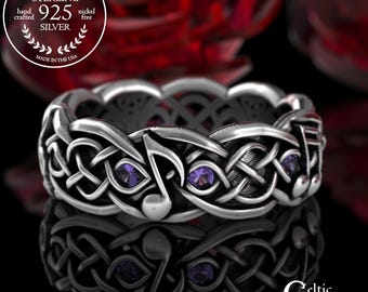 Music Notes Ring, Amethyst Celtic Wedding Ring, Sterling Silver Wedding Ring, Musical Wedding Ring, Music Jewelry, Silver Music Ring, 1714