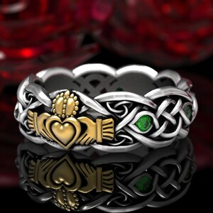 2-Tone Sterling & 10K Gold Celtic Claddagh Ring, Emerald Claddagh Wedding Ring, Green Trinity Knot Silver Heart Ring, Irish Love Ring 1685