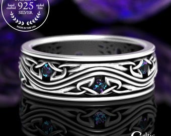 Sterling Mens Alexandrite Wedding Band, Mens Alexandrite Wedding Ring, Alexandrite Celtic Wedding Band, Silver Alexandrite Ring, 1463