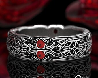 Sterling Silver Celtic Wedding Ring, Ruby Wedding Band, Celtic Wedding Band, Silver Eternity Ring, Ruby Celtic Ring, Celtic Love Ring, 1468