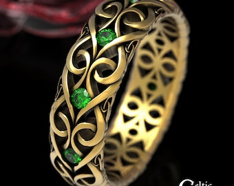 Gold Celtic Wedding Ring, Emerald Platinum Wedding Band, Celtic Gold Ring, 10K 14K 18K Gold Modern Wedding Band, Infinity Wedding Band 1421