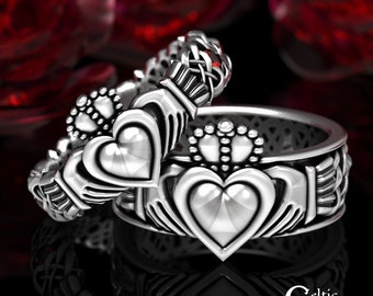 Sterling His Hers Claddagh Rings, Ruby Claddagh Wedding Rings, Irish Love Rings, Claddagh Wedding Set, Matching Heart Rings, 1546 1545