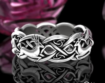 Womens Sterling Silver Celtic Deer Ring, Silver Antler Wedding Ring, Irish Deer Buck Wedding Band, Silver Forest Wedding Theme Ring, 3125