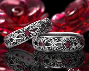 Ruby Matching Wedding Rings, Sterling Celtic Wedding Ring Set, Silver Celtic Wedding Band Set, Ruby His Hers Matching Rings, 1806 1805