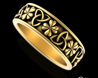 Mens Gold 4 Leaf Clover & Irish Trinity Ring, 14K Celtic Clover Wedding Band, 10K Shamrock Wedding Ring, 18K Mens Trinity Knot Ring, 3168