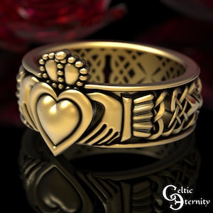 Gold Mens Claddagh Ring, Modern Claddagh Ring, Mans Celtic Wedding Band, Gold Irish Heart Ring, Platinum Claddagh Wedding Ring, 1546