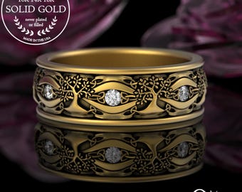 10K Gold Forest Wedding Band, Man Moissanite Tree of Life Ring, Gold Yggdrasil, 14K Groom Irish Wedding Band, 18K Botanical Nature Ring 3192