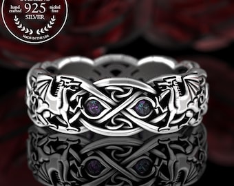 Alexandrite Dragon Twin Flame Wedding Band, Sterling Traditional Welsh Dragon Ring, Silver Soulmate Wyvern Ring, Fourth Wing Wedding, 3016