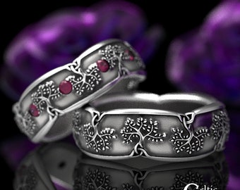 Tree of Life Ring Set, Sterling & Ruby, Silver Tree Wedding Bands, Celtic Tree Rings, His Hers Celtic Rings, Matching Tree Rings, 1363 1365