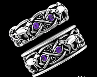 Amethyst Cat Wedding Band Set, Silver Kitty Cat Wedding Band Set, Woven Celtic Cat Lover Rings, Irish Kitten Knotwork Jewelry, 3097 3099