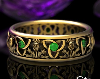 Emerald Gold Scottish Wedding Band, Emerald Thistle Ring, Gold Scottish Thistle Ring, Gold Trinity Wedding Band, Irish Emerald Ring, 1812