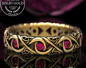 Womens Ruby & Gold Celtic Wedding Ring, Infinity Knot Wedding Ring, 10K Bridal Irish Wedding Band, 14K 18K White Gold Trinity Knotwork, 1409