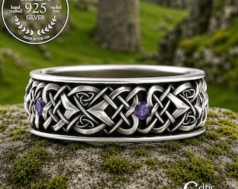Mens Alexandrite Ring, Sterling Alexandrite Wedding Band, Heart Knot Ring, Alexandrite Irish Wedding Band, Silver Alexandrite Ring, 4015