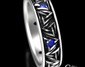 Viking Sapphire Wedding Ring, Sterling Viking Wedding Band, Silver Viking Ring, Odin Sapphire Ring, Viking Wedding Ring, Silver Valknut 1376