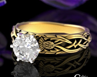 Gold Royal Thistle Proposal Ring, 10K Moissanite Irish Guardian Flower Engagement Ring, 10K 14K 18K Celtic Thistle Solitaire Ring, 3063