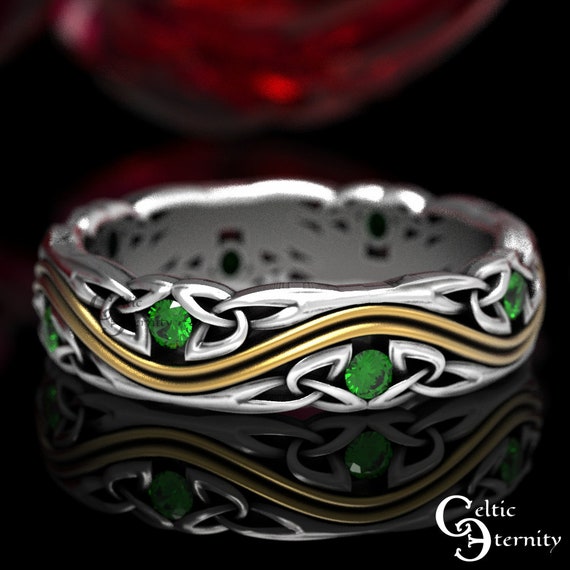 2-tone Sterling Silver & 10K Gold Wedding Band, Emerald Celtic Wedding Band, Celtic Wedding Ring, Silver + Gold Wedding Ring, 1751