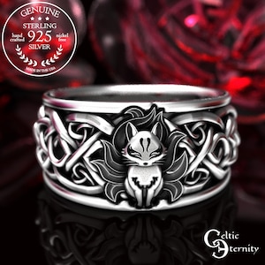 Kitsune Fox Celtic Ring, Kitsune Ring Sterling Silver, Fox Kitsune Wedding Ring, 9-Tailed Fox Ring, Celtic Fox Jewelry, Fox Ring, 1395