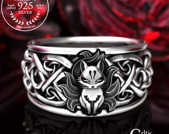 Kitsune Fox Celtic Ring, Kitsune Ring Sterling Silver, Fox Kitsune Wedding Ring, 9-Tailed Fox Ring, Celtic Fox Jewelry, Fox Ring, 1395