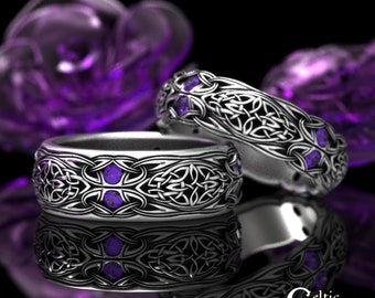 Amethyst Wedding Ring Set, Sterling Celtic Wedding Ring Set, Celtic Matching Wedding Rings, Irish Matching Ring Set, Couples Ring, 1468 1804