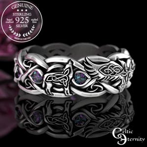 Alexandrite Raven & Wolves Wedding Ring, Alexandrite Womens Wedding Band, Sterling Viking Ring, Viking Raven Ring, Raven Wedding Ring, 4696