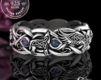 Alexandrite Raven & Wolves Wedding Ring, Alexandrite Womens Wedding Band, Sterling Viking Ring, Viking Raven Ring, Raven Wedding Ring, 4696