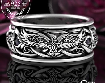 Alexandrite Raven & Wolves Wedding Ring, Mens Alexandrite Wedding Ring, Sterling Viking Ring, Viking Raven Ring, Raven Wedding Ring, 4697
